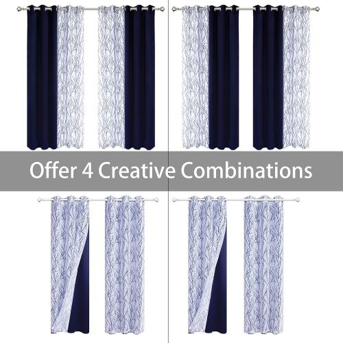 Mix and Match Curtains - 2 Pieces Branch Print Sheer Curtains and 2 Pieces Blackout Curtains for Bedroom Living Room Grommet Window Drapes,