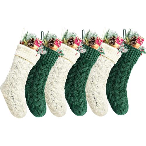 14 Green and Ivory Knit Christmas Stockings,6 Pack