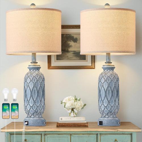 28 Living Room Lamps Set of 2, Farmhouse Lamps for Bedroom with USB A C Charging Ports, Touch Lamps for Nightstand, 2 Bulbs Included