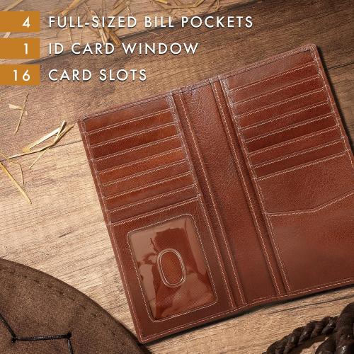 ELIZO Men's Genuine Leather Long Wallet - RFID Blocking Rodeo Checkbook Wallet | Western Bifold Wallet with 16 Card Slots, ID Window | Top Grain Leather Cowboy Wallet | Tequila