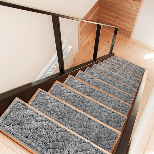 Carpet Non Slip Stair Treads Indoor – Washable Thicker Polyester Fiber Fade Resistant Stair Rugs for Kids Elders and Pets – 9 X 30 Size Rugs Pack of 15