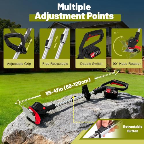 Electric Weed Wacker Cordless Eater 21V Battery Powered Lightweight Portable String Trimmers 3-in-1 Lawn Edger/Grass Trimmer/Brush Cutter with 4 Types Blades & Wheels for Yard and Garden