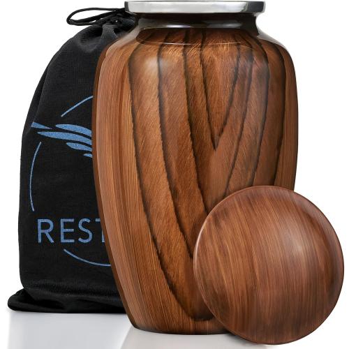 Aubree Woodgrain Aluminum Urns for Adult Male. Cremation urns for Human Ashes Adult Female. Decorative Wood urns for Human Ashes by Restaall