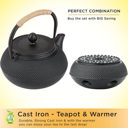Oztara Cast Iron Teapot Set, 40 oz/1200 ml Japanese Style Teapot with Infuser and Warmer, Tea pot | Tea Kettle Coated with Enameled Interior, Large Cast Iron Kettle, Black & Iron cast Teapot warmer
