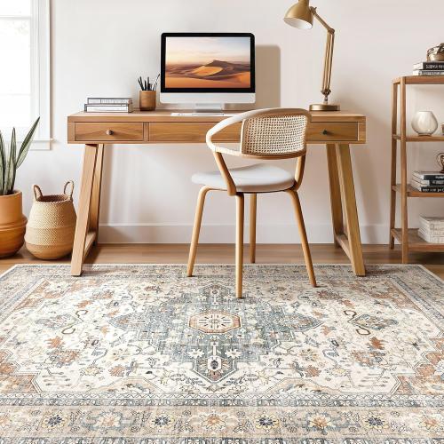 9x12 Area Rug Living Room: Washable Boho Large Neutral Vintage Soft Rugs Stain Resistant Distressed Farmhouse Non-Slip Indoor Floor Carpet for Bedroom Nursery Kids Office Dining Room- Beige Blue
