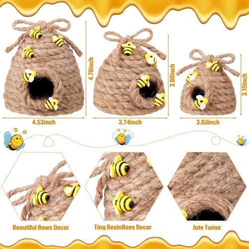Jutom 3 Pcs Bee Hive Decor Honey Bee Tiered Tray Decor Summer Spring Honeybee Decorations Mini Jute Farmhouse Beehive for Kitchen Table Shelf Home Coffee Bar Themed Party(Vintage Color)