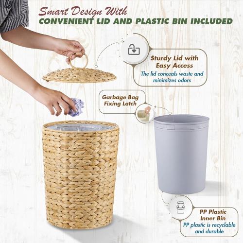 Size 3 gallon Wicker Trash Can with Lid and Removable Liner, Wicker Rattan Bathroom Trash Can, Large Woven Bin for Office, Hyacinth Waste Basket for Home Kitchen (Natural, 3 Gallons)