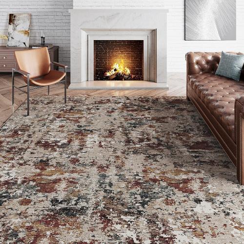 Modern Area Rug 6x9 Machine Washable Living Room Large Carpet Red Brown Multi Kitchen Mat Non Slip Indoor Accent Neutral Abstract Distressed Throw Rug for Dining Room Office Bedroom