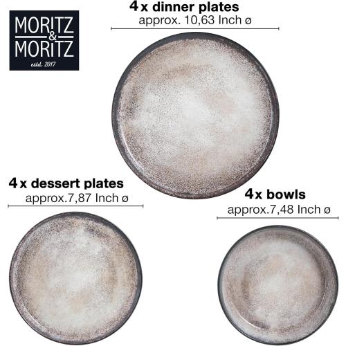 VIDA 12-Piece Porcelain Dinnerware Plate Set for 4 | Includes 4 Dinner Plates, 4 Dessert Plates, 4 Bowls | Modern Beige Ceramic Tableware, Stoneware Look, Microwave & Dishwasher Safe Dishes