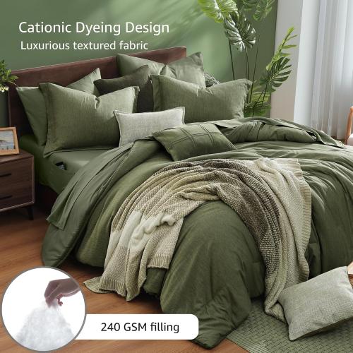 Monbix King Size Comforter Set, Olive Green King Bed Set Reversible, King Size Comforter Set 7 Pieces, Cationic Dyeing Bed in a Bag with Comforter, Sheets, Pillowcases & Shams