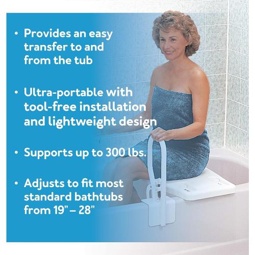 Carex Portable Shower Bench - Shower Bath Seat - Fits tub having width in the range of 19-28. Comfortable Contoured Seating Area with 300 Pound Weight Capacity, Portable and Easy to Store