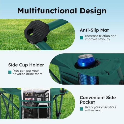 ALPHA CAMP Camping Chairs 350LBS Capacity, Heavy Duty Folding Chair with 4-Can Cooler Bag, Portable Outdoor Chair with Cup Holder for Adults, Collapsible for Tailgating, Beach, Fishing,Black,2PC