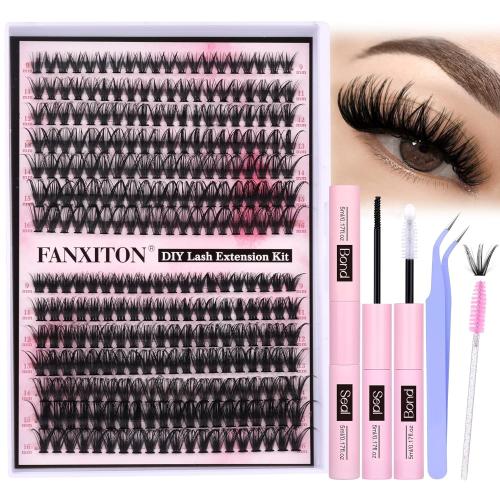 FANXITON DIY Lash Extension Kit Volume Lash Clusters 40D 50D D Curvature Individual Lashes Lash Clusters Kit Thick Eyelash Extension Kit 280 pcs Thin Band Cluster Lashes Lash Bond and Seal Tweezers