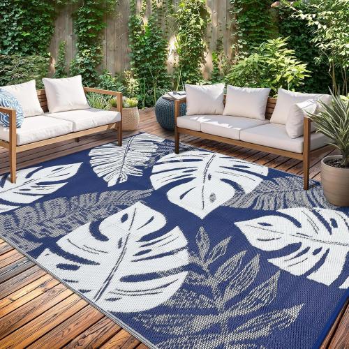 Patio Modern Leaf Print Outdoor Rug  Waterproof Large Reversible Camping Mat Foldable Lightweight Plastic Straw Outdoor Rug for Deck, Picnic, Porch, Balcony, Beach, Rv，Navy/White