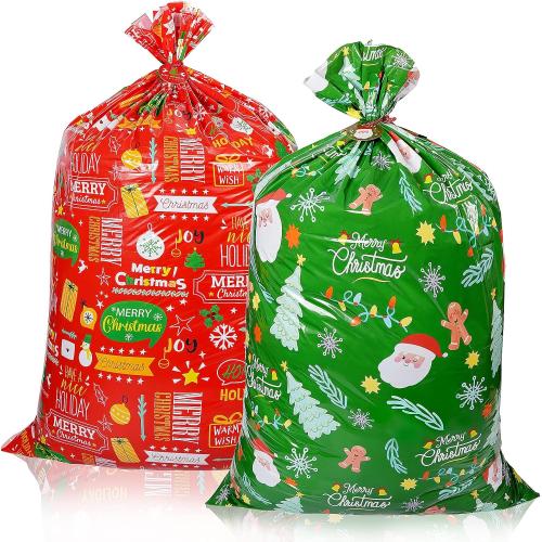2 Pack Jumbo Christmas Gift Bag with Tag & Tie, 56 X 36 Oversized Christmas Plastic Wrapping Bags, Giant gift Bags for Huge Present Decoration, Holiday Bags for Large Gifts, Toys, Goodie Supplies