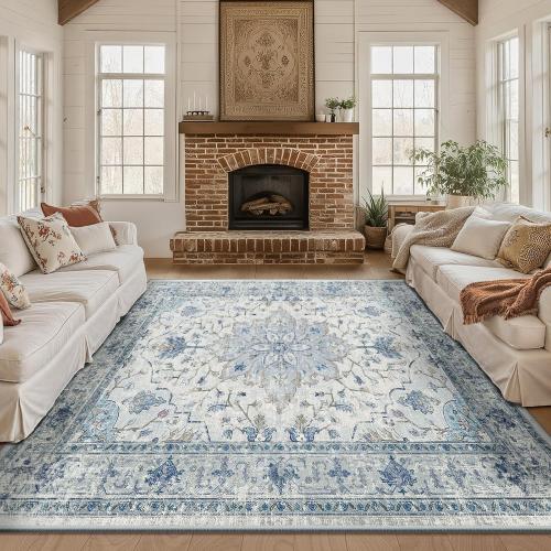 Area Rugs 8'x10' Washable Non-Slip, Floral Vintage Distress Print Pattern Medallion Carpet for Living Room Bedroom Dining Room, Light Blue Navy Beige Gray White
