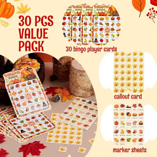 JOYIN 30 PCS Thanksgiving Bingo Game Cards for Kids Family Activities, Party Card Games, School Classroom Games, Turkey Party Favors Supplies, Crafts, Stickers & Fall Crafts