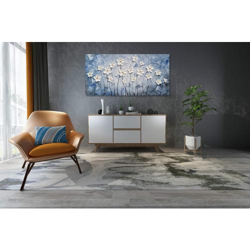 YHSKY ARTS 3D Hand - Painted White Floral Wall Art with Printed Blue Background, Textured Flower Decor for Home