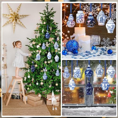 BBTO 6 Pcs Mini Chinoiserie Porcelain Hanging Decorations Blue and White Ceramic Tree Pendant Ornaments Birthday Party Baby Shower Wedding Home Decor (Classic Style)