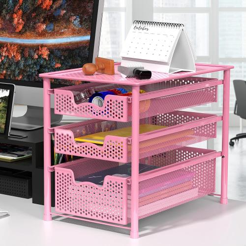 Simple Houseware Stackable 3 Tier Sliding Basket Organizer Drawer, Pink