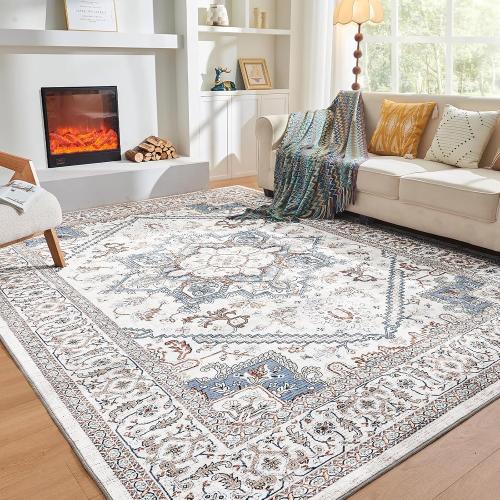 Cream Blue and Light Brown 9x12 OPPODREAM Soft Neutral Area Rugs 9x12 Living Room, Washable Rugs 9x12 with Non Slip Backing, Faux Cashmere Low-Pile 9 x 12 Carpet, Cream White & Blue & Light Brown
