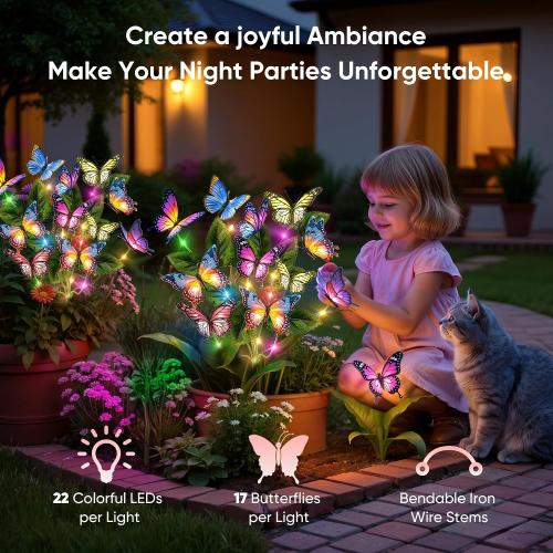 Solar Lights Outdoor Garden Decor: 2 Pack Colorful LEDs Butterfly Lights | 34 Silk Butterflies, 44 Colorful LEDs, IP65 Waterproof, 12H Magical Lighting, Yard Pathway Decorations, Unique Gifts for Mom