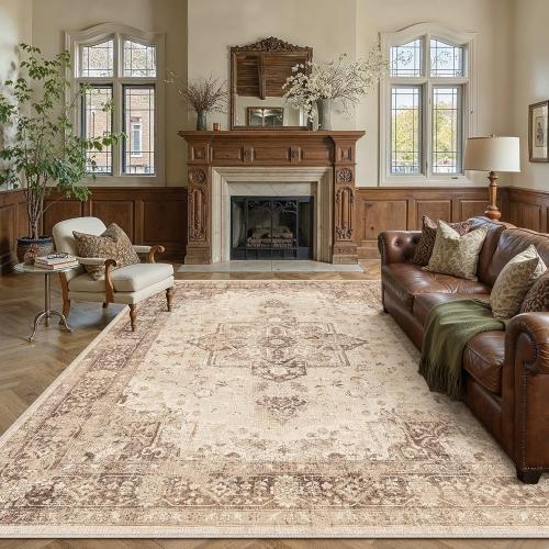 Brown Area Rug Washable Vintage Living Room Carpet Non Slip Retro Distressed Low Pile Soft Oriental Medallion Thin Large Throw Rug for Office Bedroom Dining Room Playroom