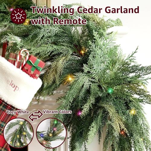 Christmas Cedar Garland Realistic - Cypress Decorations with Lights 6ft for Mantle Lighted Faux Pine Garlands for Xmas Home Decoration Indoor Stairs Railing 6 ft Fireplace Outdoor Prelit Door Decor