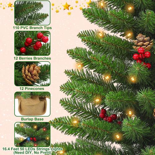 3 ft Artificial Mini Christmas Tree, Remote Control and Timer, Tabletop Small Christmas Trees 50 Warm White&Colorful Dual Color Lights 110 Tips 12 Pinecones 12 Red Berries Burlap Base Home Xmas Decor