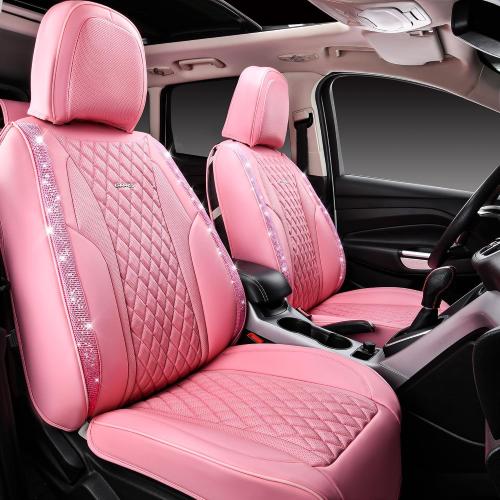 CAR PASS Pink Nappa Leather Car Seat Covers for Full Seats, Bling Diamond Waterproof Seat Protectior Universal Fit Auto SUV Sedan Truck Glitter Sparkly Shining Rhinestone for Women Girl, Pink Leather