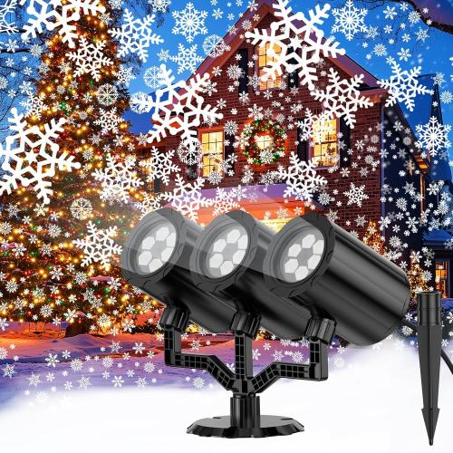 Christmas Snowflake Projector Lights Outdoor 360°Rotating Brightness Three Head Projection Lights Decor Suitable for Christmas, Indoor and Outdoor Party Decorations