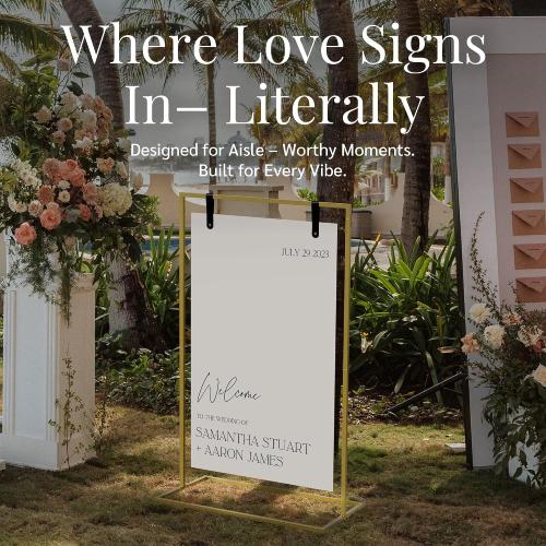 Gold Wedding Welcome Sign Stand with Holder - Elegant Metal Easel Display for Seating Chart, Reception Signs, Welcome Board - 30  Customizable designs for Baby, Bridal Shower - Versatile Party Sign Holder