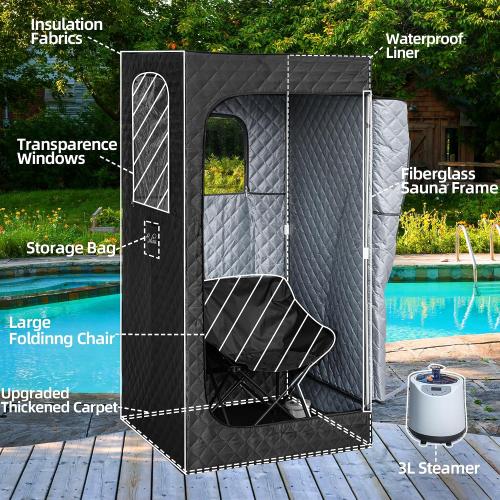 Large Portable Sauna Box, 3L Steamer Portable Steam Sauna for Home, Personal Sauna with Big Sauna Chair, Remote Control, 3.2’ x 3.2’ x 6.0’, Black, 1200W