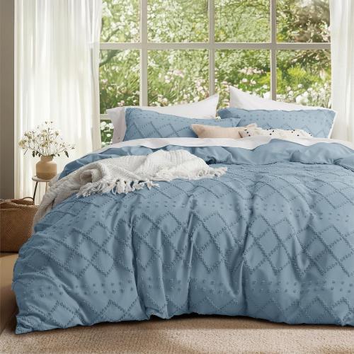 Bedsure Mineral Blue Boho Duvet Cover King, Soft Vintage Embroidery