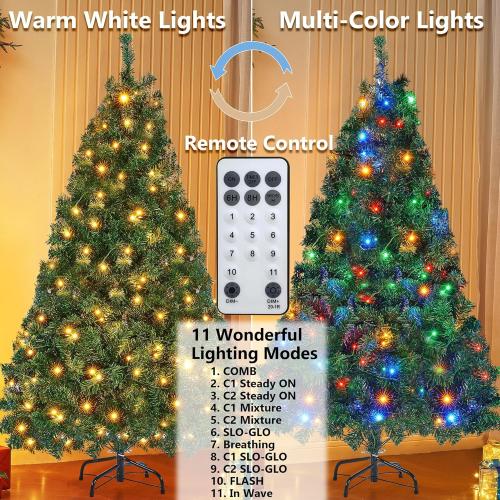 Lulu Home 6FT Christmas Tree, Artificial Christmas Tree with RC 300 LEDs Warm White & Multicolored String Lights(NOT Pre-Strung) for Indoor Outdoor Winter Decoration, 11 Lighting Modes with Timer