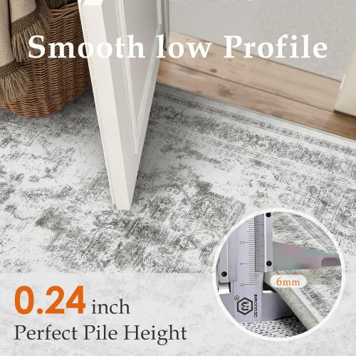 PureCozy Washable Rug 9x12 Area Rug for Living Room Gray Vintage Boho Medallion Large Grey Distressed Retro Carpet Non Slip Indoor Low Pile Small Soft Bedroom Dining Room Home Office