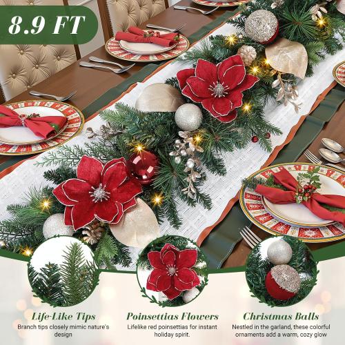 SHareconn 8.9FT Prelit Christmas Garland with Multi-Color LED Lights, Battery-Operated Timer, Includes Flower Ball Poinsettia for Mantle Fireplace Indoor Outdoor Xmas Decor, Red Champagne Gold, 8.9 FT