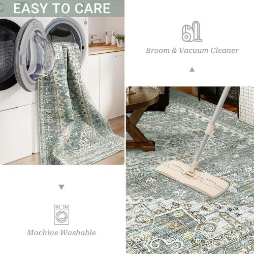8x10 Area Rugs for Living Room, Stain Resistant Neutral Washable Rugs for Dining Room, Floral Vintage Non-Slip Thin Large Size Area Rug （Green）