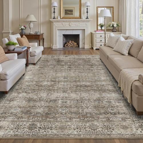 LARGE Washable Area Rug Grey Brown Vintage Rug for Living Room Bedroom Low Pile Soft Non-Slip Boho Rug for Under Table Boho Distressed Retro Carpet for Bedroom Kitchen Office Dining
