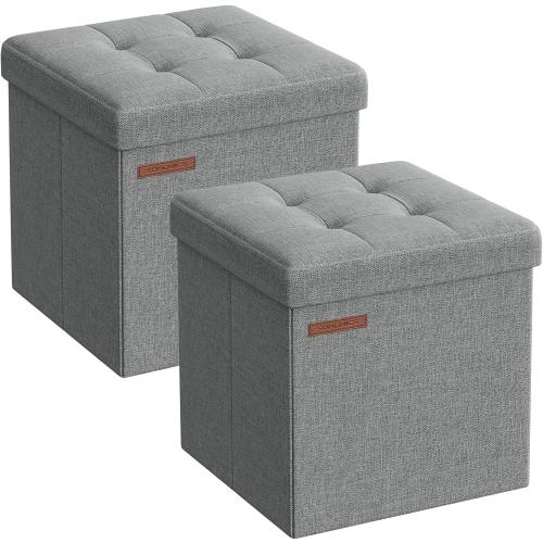 SONGMICS Storage Ottomans, Set of 2, Foldable Small Ottoman Foot Rests, 11.8 Inches Foot Stool, Cube Ottoman with Storage, Each Load up to 286 lb, for Living Room, Bedroom, Dorm, Light Gray ULSF028G22
