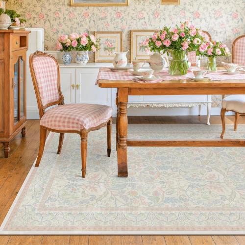 Light Pink 6x9 Girl Bedroom Rug Low Pile & Soft, Botanical Floral Washable Area Rug for French Country Living Room, Nuresry, Pastel Pink Non Slip Soft Kids Room Décor