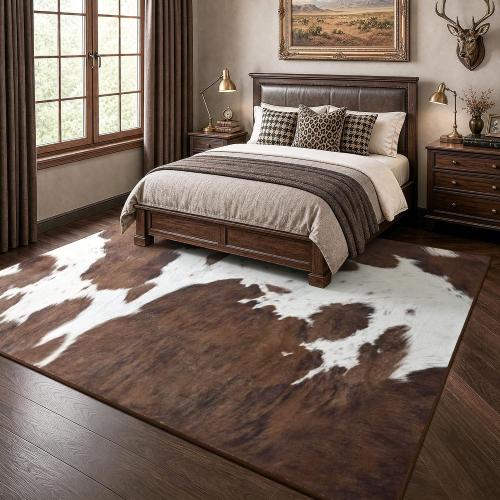 Foxmas Cow Print Rugs for Living Room Bedroom, 8x10 Washable Non-Slip Low Pile Indoor Floor Rug, Carpet for Dining Room Kitchen Office Western Home Decor, Brown