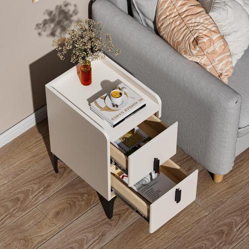 VICITON Narrow Nightstand with 2 Drawers, Narrow Side Table Leather Surface, Slim Bedside Table for Bedrooms, Dormitories, Living Rooms (Cream White, 15.7 D x 11.8 W x 22.4 H)