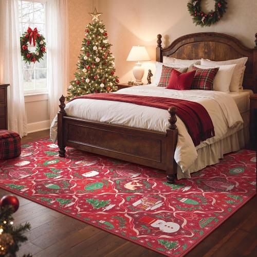 Christmas Area Rug  for Living Room, Washable Rug for Bedroom, Christmas Home Decor, Holiday Print Carpet, Low Pile Non Slip Mat with Rubber Backing, Red Christmas Tale Pattern