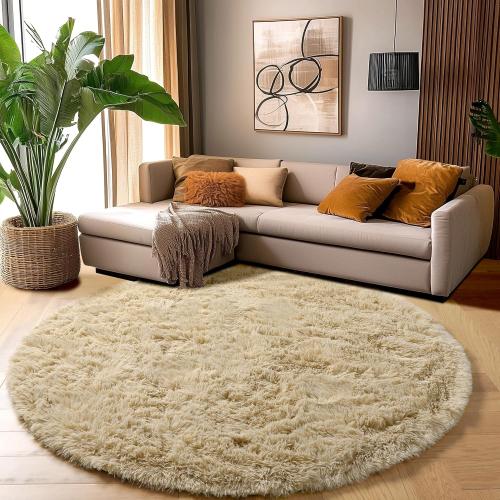 Amdrebio Beige Round Area Rug 4Ft for Bedroom, Machine Washable, Fluffy Plush Shag Furry Circle Rugs for Kids Room, Living Room Decor Aesthetic, Cute Fuzzy Carpet for Nursery Playroom Dorm Baby Teens
