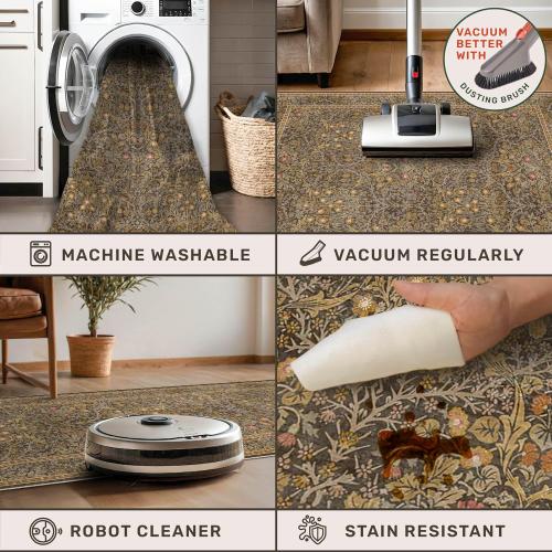 Washable Dining Room Rugs for Under Table - 6x9 Brown Oriental Area Rug for Living Room, Low Pile Non-Slip Floor Carpet for Bedroom Under Bed - Vintage Design & Stain Resistance