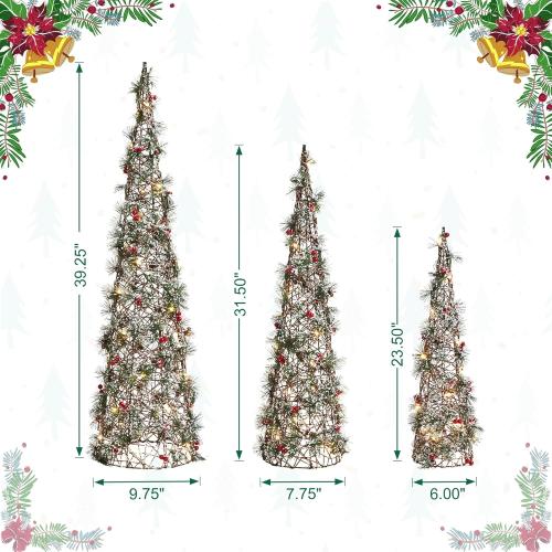 Glitzhome Set of 3 Lighted Christmas Cone Trees, Xmas Decorative Conic Tree Set with 75 Warm White LED Lights, Indoor & Outdoor Lighted Decorations for Lawn Yard Garden Party