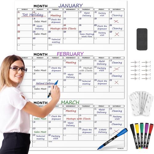 Large 36x48 Quarterly White Board Calendar Dry Erase Calendar for Wall 3 Month Big Dry Erase Wall Calendar Monthly Dry Erase Board Planner Includes 6 Markers Eraser Push Pins & Mounting Tape