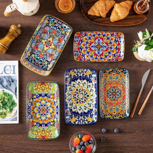 vancasso Simi 6-Piece Ceramic Salad Plates Set - 8.5 Inch, Rectangular Dessert Plates for Sushi, Appetizer, Cake - Microwave & Oven Safe, Porcelain Plates for Kitchen Decor