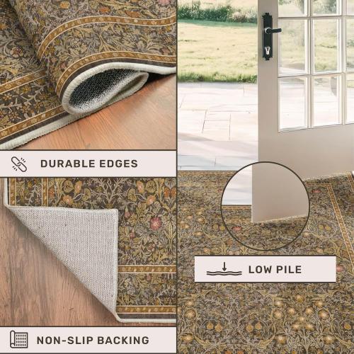 Washable Dining Room Rugs for Under Table - 6x9 Brown Oriental Area Rug for Living Room, Low Pile Non-Slip Floor Carpet for Bedroom Under Bed - Vintage Design & Stain Resistance